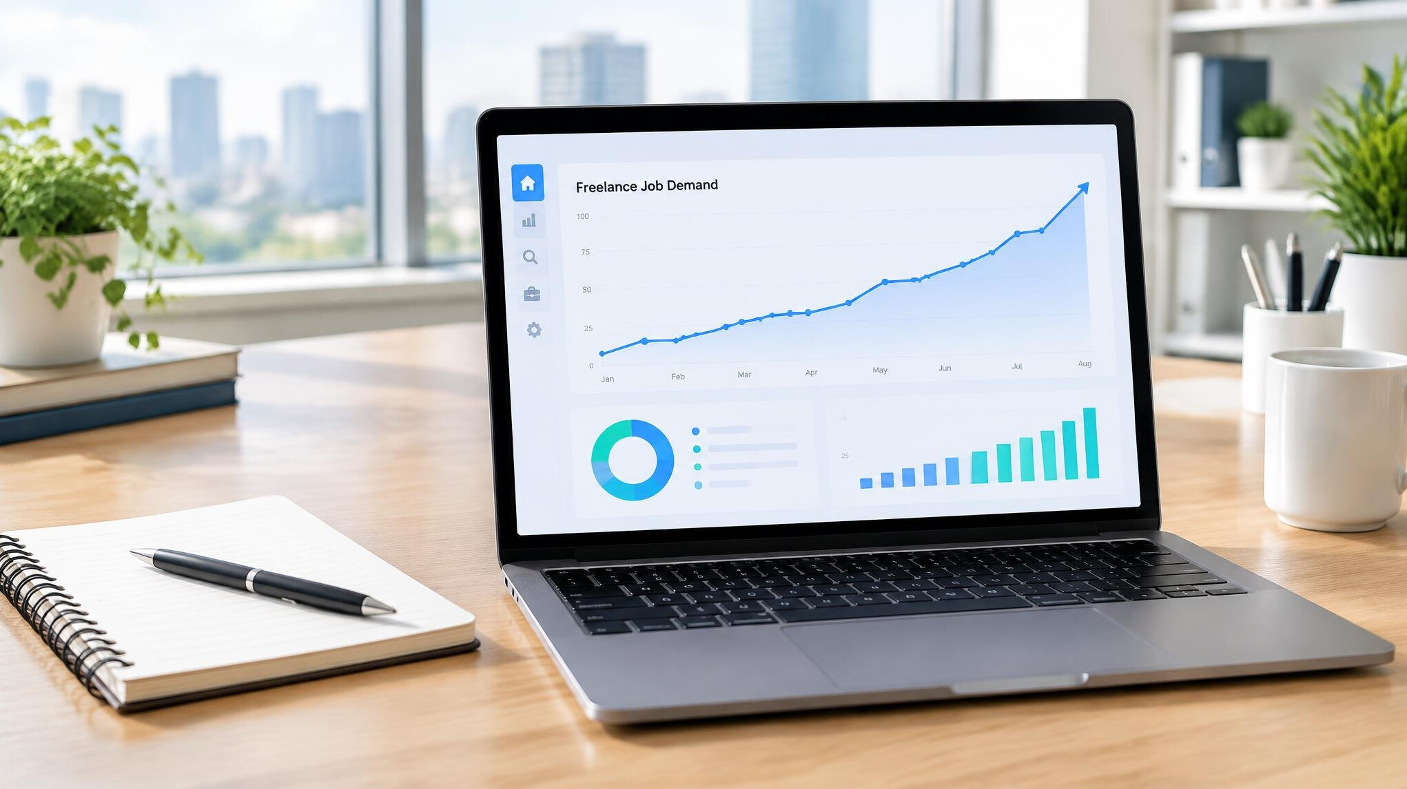 Laptop with demand analytics charts on screen