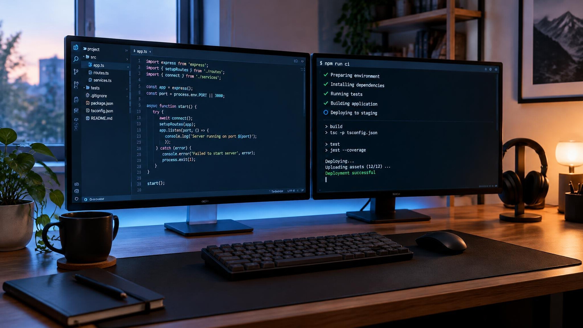 Developer monitor with code and terminal