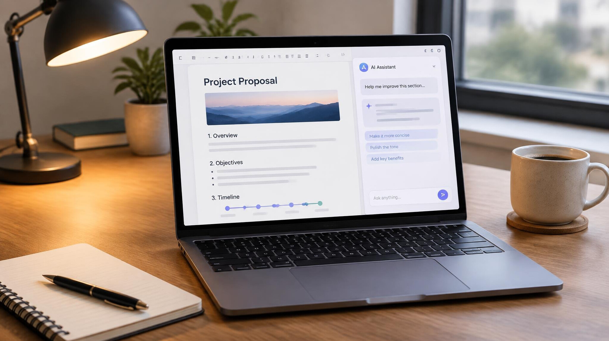 Laptop with a project proposal and AI assistant open
